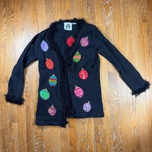 Storybook Knits Cardigan Sweater Womens XS Black Ugly Christmas Ornaments Fringe